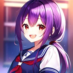 girl, masterpiece, best quality, volumetric lighting, detailed outfit, perfect eyes, long hair, purple hair, red eyes, twin low ponytail, school outfit, laughing,