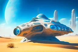 sci-fi spaceship sitting in the desert, with a blue sky, an alien cityscape