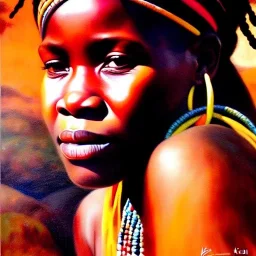 Drawing of 'woman from Himba tribe',sweet stare,painting by Earl Norem, simon Bisley,frazetta,西嘛哒, evan lee, Vallejo,kelly,Paul Gauguin oil on canvas, cinematic composition, extreme detail,fit full head inside picture,8k