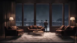 a young man help other Hyper Realistic Dark Brown Living Room With Small Empty Wooden Frame & Fancy Velvet Furniture at snowfall night from window view