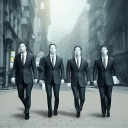 A group of penguins wearing business suits and carrying briefcases, walking through a busy city street.