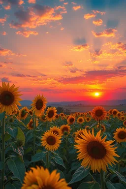 At sunset turn this into a beautiful sunflower scenery, magical, painting quality 8K , Busch painting style