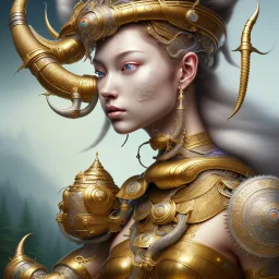 Sango fantasy, fantasy magic, intricate, sharp focus, illustration, highly detailed, digital painting, concept art, matte, art germ and Paul Lewin and Kehinde Wiley, masterpiece silver elephant head bronze Buddha Asian African girl nice breast Hawaiian hair turquoise golden waves