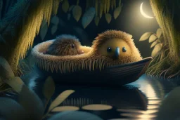 cute kiwi with thick fur in boat, by moonlit forest by stream, book illustration, fine detail, 4k, trending, volumetric light, depth of field