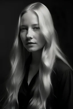 Portrait of a human woman, long blonde hair, dressed in black and white, pale,