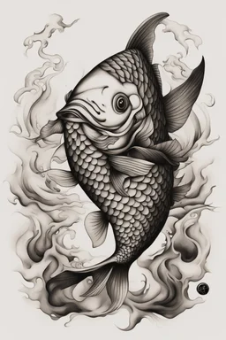 Create a captivating modern 2d ink tattoo design for print , prestigious Sacred Carp using the elegant influences of japan art style, for print, dynamic elements from fashion and design, and bold Japanese contemporary art aesthetics, framing centered in the center, distanced from the edges of the paper perimeter, perfect anatomy, bauhaus, Divine Proportion,
