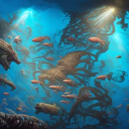 underwater ocean scene, bizarre sea creatures, beams of light streaming through, background of colorful reefs, a highly detailed illustration, realistic render, 8 k, micro detail, intricate, elegant, centered, digital painting, smooth, sharp focus, illustration, artgerm, tomasz alen kopera, peter mohrbacher, donato giancola, joseph christian leyendecker, wlop, boris vallejo