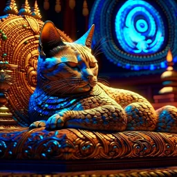 the style of Gustave Klimt, a Siamese cat sleeping in the lap of a sitting stone statue of a Buddha, completely relaxed. Modifiers: elegant dof photorealistic beautiful dynamic lighting 4K 3D cinematic postprocessing acrylic art focused stars neon glowi