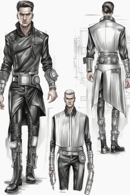 fashion illustration, sketches, futuristic man fashion, microchip designe shirt, black leather pant with silver accessories and belt buckle, steampunk and cyberpunk mixed style, sci-fi fashion style