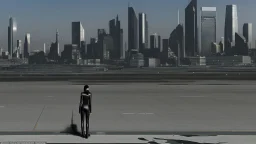 Tall thin woman, with straight black hair, dressed in a camouflaged jumpsuit, looking out from the rear of a futuristic aircar, on a tarmac runway, with a city skyline in the distance