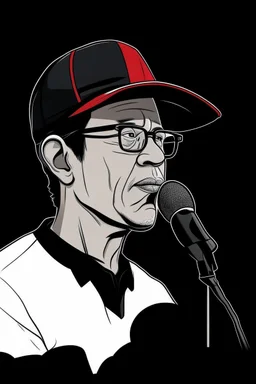 Ilustración vectorial de Gustavo Petro con gorra deportiva camisa, hablando tranquilamente con micrófono, colores negro, blanco y rojo, fondo negro