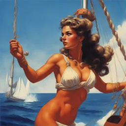 [art by Russ Meyer for Odyssey] Circe the awesome nymph with lovely braids who speaks with human voice, sent us a hardy shipmate, yes, a fresh following wind ruffling up in our wake, bellying out our sail to drtve our blue prow on as we, 10 securing the running gear from stem to stern, sat back while the wind and helmsman kept her true on course. The sail stretched taut as she cut the sea all day and the sun sank