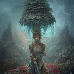 Insanely detailed photograph of an “Mushroom city” with intricate hair, intricate embroidered dress, beautiful clear face and hyperdetailed painting by Ismail Inceoglu Huang Guangjian and Dan Witz CGSociety ZBrush Central fantasy art album cover art,8K, hdr, romantic, mysterious, ominous, flowers, jewelry, comfort, natural eyes, "arms open for embrace",looking upwards