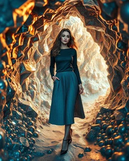 make a picture pretty cave made of crystal and metallic 3d fractal recursive cubic and sphere base structures and a beautiful fashion model lady with cute,with dark cyan decholte top and pretty pleated midi skirt,siver,curvy long hair,makeup, she walks in cave ,dynamic camera fallow her inside cave capturing full body, dynamic lights.