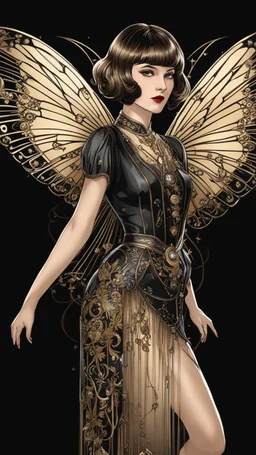 Full Body, Art Nouveau Woman With A Bob With A Fringe Hairstyle, 1920s Clothing, Steampunk Metal Moth wings, Black Background