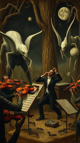 Hieronymus Bosch style nightmares , ants playing violin in an orchestra. The conductor is praying monts