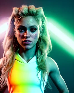 portrait, Shakira, blonde artist, angry, Realistic image, MMA robe, hoodie, mma gloves, fight pose, make-up make-up, gold line make-up, sweat, fog, goddess style, Neon colors, leds. Black background, photo studio, concept art, smooth, unreal engine 5, god lights, ray tracing, RTX, lumen lighting, ultra detail, volumetric lighting, 3d, finely drawn, high definition, 4k.