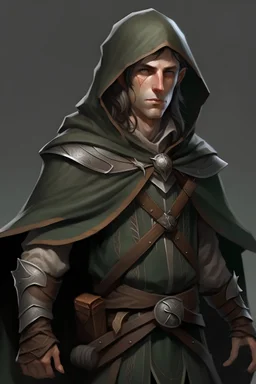male high elf ranger wearing a leather jerkin and a gray hooded cloak