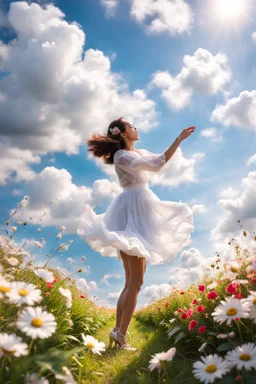 romantic environment heaven flowers clear nice clouds ,young girl gracefully dancing and whispering her lovely joy,full body shot,sharp focus, realistic.