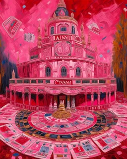 A pink magical casino with runes painted by Claude Monet