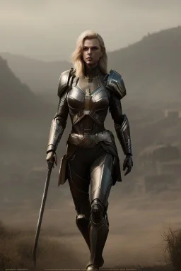 charlize theron robot makeaup colored, viking clothes atmospheric, realistic, unreal engine, cinematic lighting, octane render.