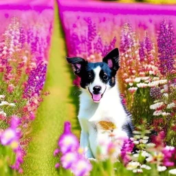 adorable pet, beautiful portrait, flowery landscape, cosmic atmosphere, perfect composition, 8k, super detailed, delicate flowers, complementary colours, intricate details, people