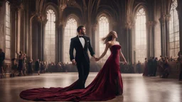 Hyper Realistic close-view of handsome-muscular-man-with-black-velvet-tuxedo dancing with a beautiful-woman wearing velvet-maroon-gown inside a huge-castle-hall with dramatic-&-cinematic-ambiance"