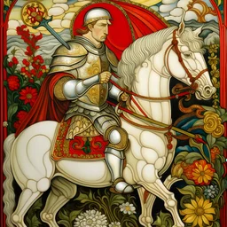 Saint George and the dragon by artist Paris Bordon . Saint George head is an allegory of sun god Apollo and does not have a beard. Saint George is holding a long and thin sword in his right hand, the horse is white