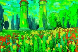 Neon green towers covered in flowers painted by Vincent van Gogh