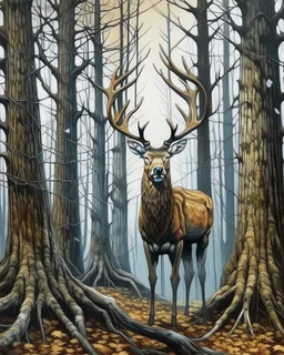 deer with antlers standing looking at viewer, patronus, among tall tree trunks