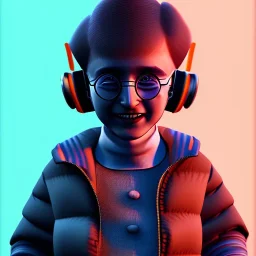 Harry Potter toddler, smile, cyberpunk headphone, sunglass, gangsta neckless, full body, orange puffer jacket, tokio background, dramatic lighting, hyper realistic, unreal engine 5, 16k