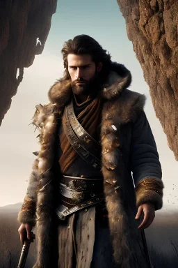 Generate an image of a man on a midjourney through a vast, open landscape. The man is tall and muscular, with rugged features and piercing eyes. He is dressed in worn and torn clothing, a testament to the trials he has faced on his journey. Despite the challenges he has faced, he stands tall and unbroken, his determination and strength shining through. Include key words such as 'midjourney,' 'open landscape,' and 'determined' in the image