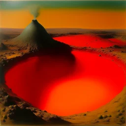 A light red plateau with a molten crater painted by Max Ernst