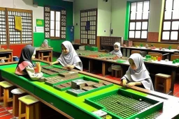 can you please generate an image of segregated learning facilities for girls and boys in an islamic country They will learn english and maths as well as everyday skills.. It should include sensory learning and use durable materials.