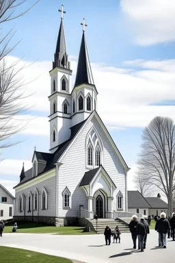 neocleassical church with steeple with people walking out of it