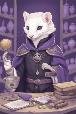 (anthropomorphic white ferret),dressed in ((cleric fantasy)) black and purple clothes with silver holy ornaments, realistic anatomy, fantasy tavern on background, mage and holy symbols around, serious face, hold holy symbol, tired face, in the style of LOISH, look at the vivewer, blue eyes, cute face, 2d, ink lines, fantasy inspire