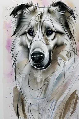 Abstract wet watercolour of a rough collie, ink lines, interlinked circles,detailed focus on eyes