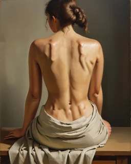 masterpiece classical academic oil painting, figurative study of a seated female figure viewed from behind, focus on anatomy, posture, and painterly texture, subject seated on a surface with a natural relaxed pose, torso slightly leaning forward the figure is partially draped in simple light fabric around the lower body and upper torso, arranged modestly, emphasizing form through light and shadow rather than exposure detailed back anatomy: visible shoulder blades, natural spine curvature, soft m