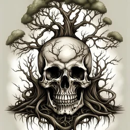 tattoo design of a human skull with tree roots coming out the bottom and mystical dead tree branches coming through the top