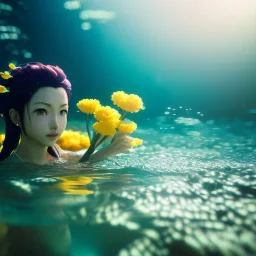 Anime 3D underwater with yellow flowers for hair, closed eyes, rtx, reflection, 8k, glow, winning photography, caustics