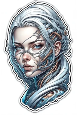 a sticker with a drawing of a woman's face, cyberpunk art inspired by Marco Mazzoni, Artstation, fantasy art, fantasy sticker illustration, intricate digital artwork, cyborg - girl with silver hair