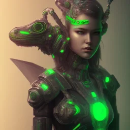 A beautiful portrait cute cyberpunk woman, a short wolf haircut lime green color scheme, high key lighting, volumetric light high details with a lizard like alien with feathers and claws, 3/4 torso chestplate. Pyramid tattoo on her forehead