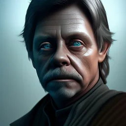 upper body photorealistic jedi mark hamill in Star Wars, sharp blue eyes, photorealistic weathered skin, render, cinematic lighting