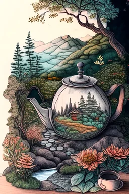 Cozy vibes drawing art tea pot, garden inside tea pot with Appalachia in the background