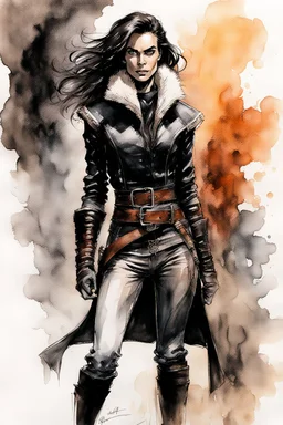 Create a masterpiece ink wash and watercolor portrait of an epic fantasy Lankhmar female thief character slim in stature, with shoulder length hair, finely lined and detailed facial features, in an fur collared leather doublet and breeches , a short oriental cloth belt at the waist, stealthy soft leather slippers, , in the comic book style of Bill Sienkiewicz, Howard Chaykin, Mike Mignola, Philippe Druillet, and Jean Giraud Moebius, precisely drawn, colored and inked,