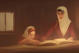 A close-up scene of an Arab mother reading the story from a book with her children around her in the room of the old wooden house near the fireplace 100 years ago.