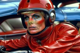 Fotorealistisch Brigitte Nielsen in rotem Leder mit Helm liegt lasziv auf Motorhaube und schaut Betrachter an