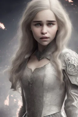 Perfect Emilia clarke face, dragon armor, fullbody, highly detailed face, highly realistic, fog, fire, particles