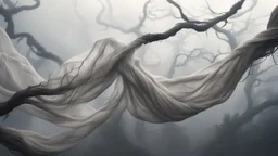 Multiple entanglements between a twisted thin piece of cloth as part of many twisted and spiraling branches disappearing into the distant mist, epic photo, sharp on highly detailed skin with wrinkles and high contrast, photorealistic, 4K, 3D, realism, hyperrealism, detail, good lighting, detailed texture, modern photography style, 3D, 4D, 4K --2:3