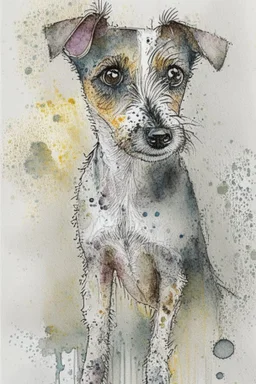 Abstract wet watercolour of a rough coated jack Russell, ink lines, interlinked circles, detailed,focus on eyes, watercolour paper